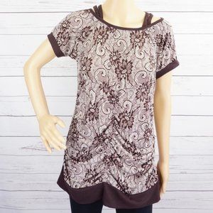 Juliet Tunic Top XL Brown Floral Print Short Sleeve Ruched Stretch